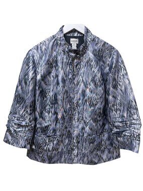 Chicos Metallic Evening Jacket Large (Chicos 2) Zip Front Blue Silver Ikat Women